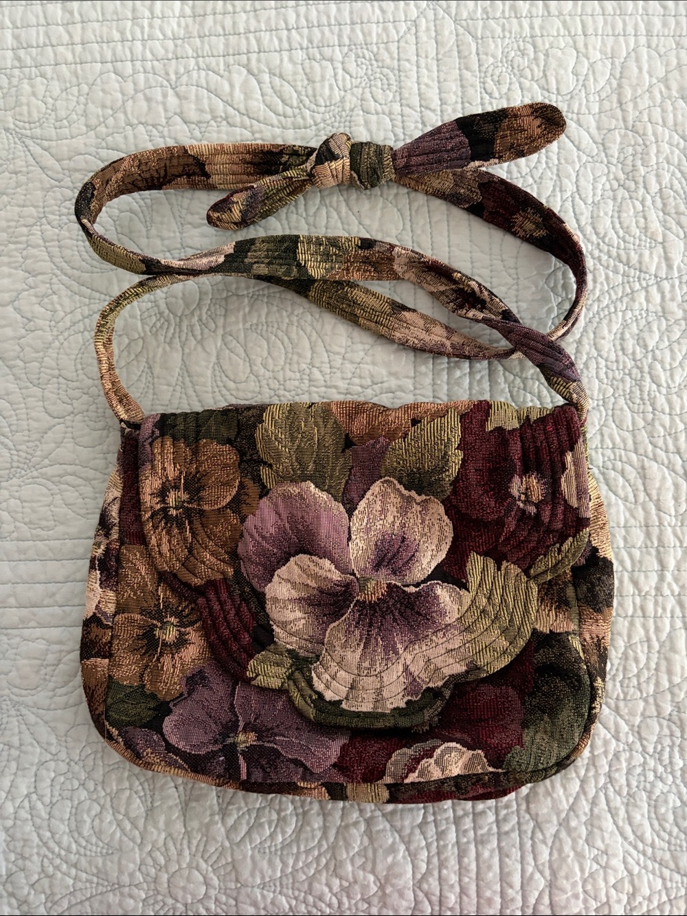 Floral Tapestry Crossbody Bag in Purple and Olive